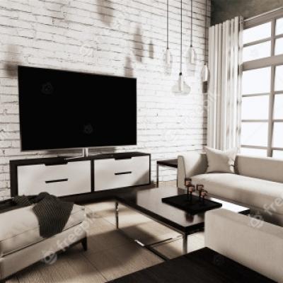 Smart Tv Na Szafce W Salonie Z Bialym Murem Na Drewnianej Podlodze I Kanapie 43151 2146